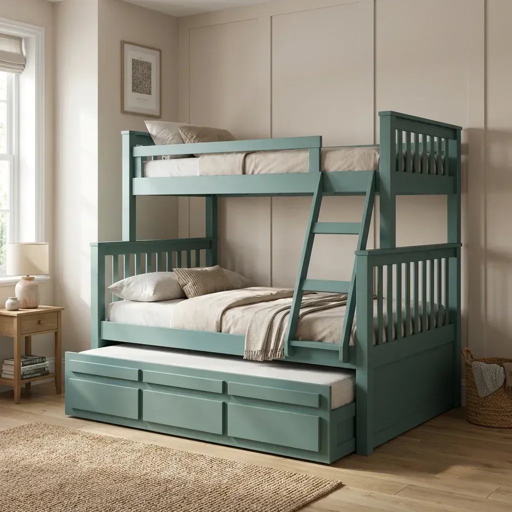 Treliche Cama Casal em Madeira Maciça com Cama Auxiliar e 3 Gavetas Verde Verde