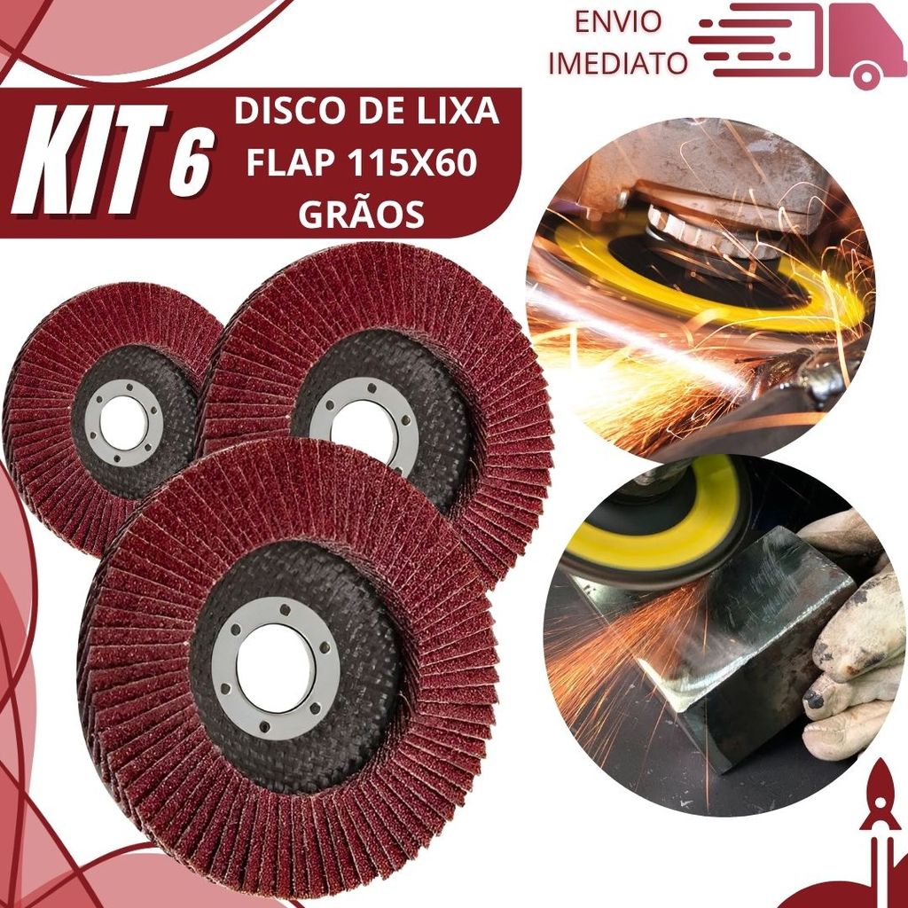 Kit 6/3/2 Disco Flap 115x60 Grão 60 Disco de Lixa Abrasivo Profissional para Ferro, Aço e Madeira