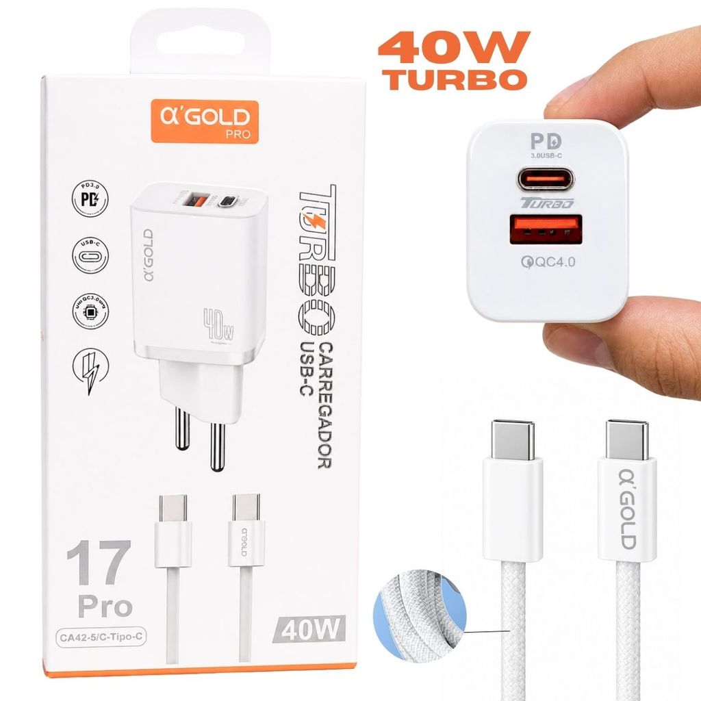 Carregador Turbo Tipo-C 40W Original A'Gold duas Saídas Tipo USB-A + USB-C