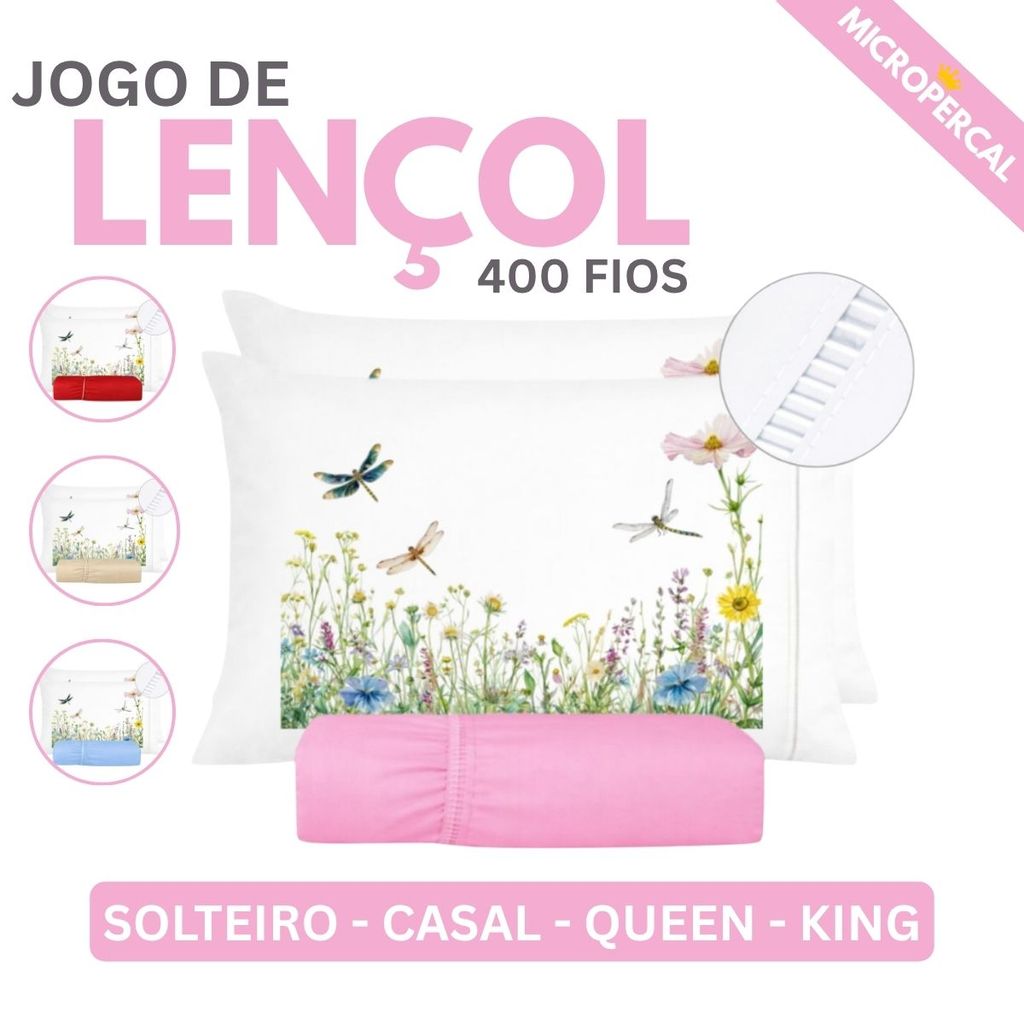 Kit Jogo De Lençol Micropercal 400 Fios Fronha Estampada Ponto Palito - Libélula Lançamento