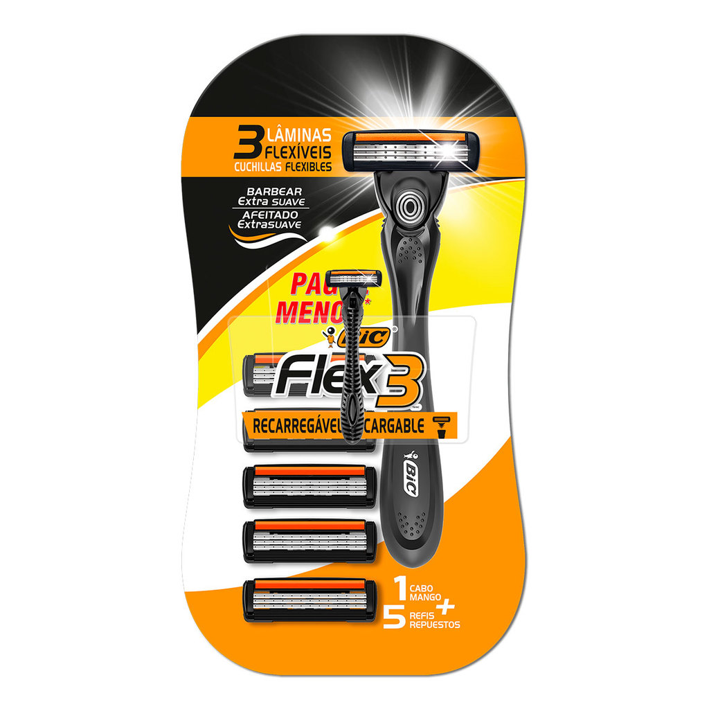 Barbeador descartável Flex3 recarregável Preto + 5 lâminas Bic