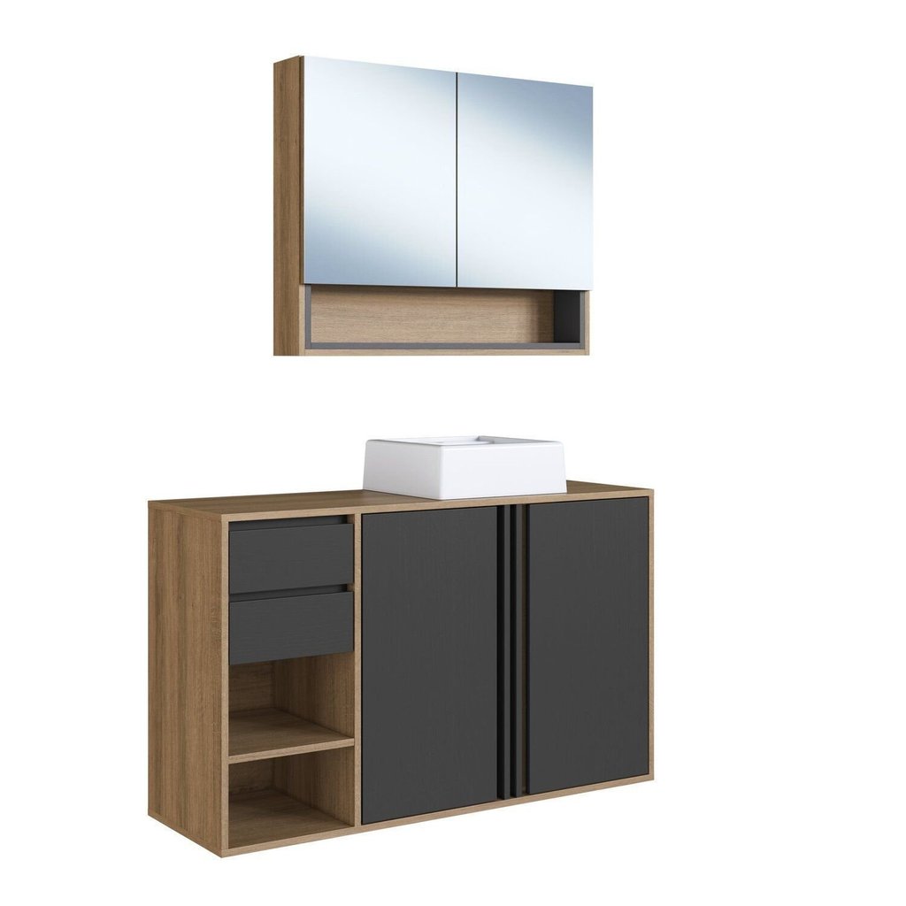 Gabinete de Banheiro 110cm com Espelheira 2 Portas e Cuba Antônia Preto/Mel/Grafite 110
