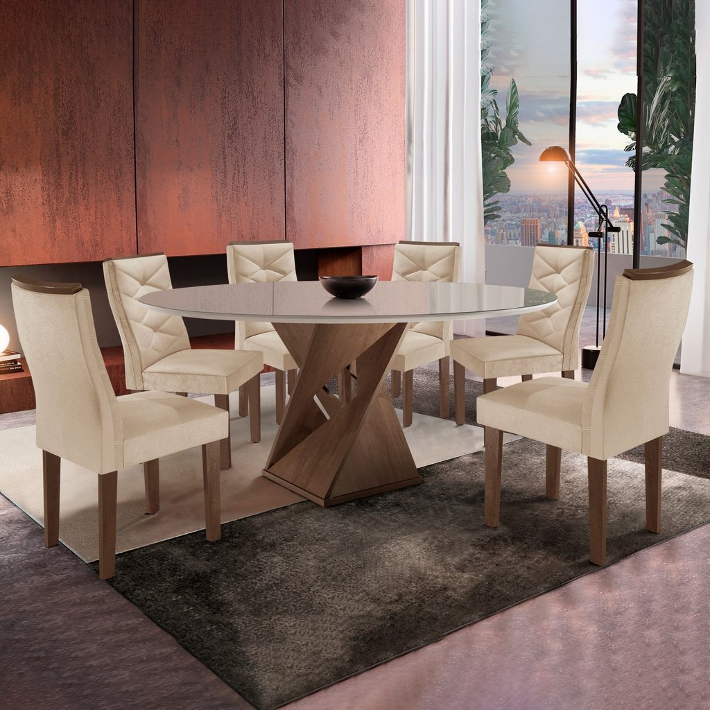 Conjunto Mesa Redonda com Vidro e 6 Cadeiras Tampo 120CMX120CM Barcelona Yescasa Chocolate/Off White/Suede Pena