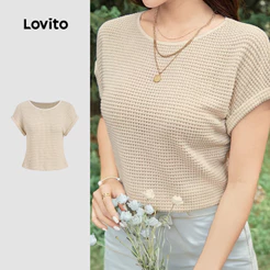 Lovito Casual Textura de Camiseta para Mulheres Leve Cor Cáqui Claro Primavera/verão para O trajeto LK4AD344