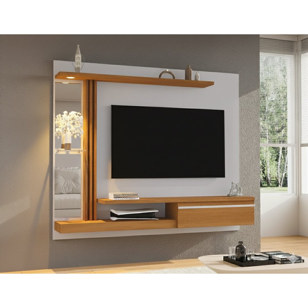 Painel para TV até 55 Polegadas com LED 160cmx136cm Prateleira de Vidro Denver Bege Off-White/Naturalle Off
