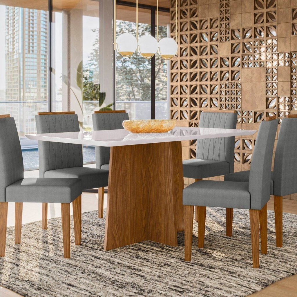 Conjunto Sala de Jantar Mesa Tampo Vidro/mdf Anitta 160 Cm com 6 Cadeiras Ana