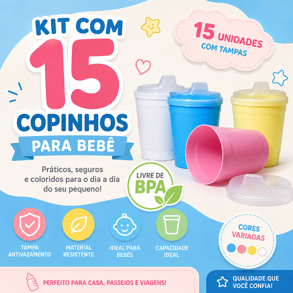 Kit 15 Copos Infantil Plástico 250ml com Tampa e Bico escolar Agua Suco Lancheira Criança Barato