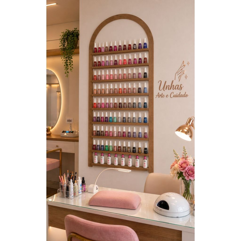Painel Expositor Esmalte MDF Cru Arco Decorativo - Prateleira de Parede para Manicure e Nail Designer Profissional