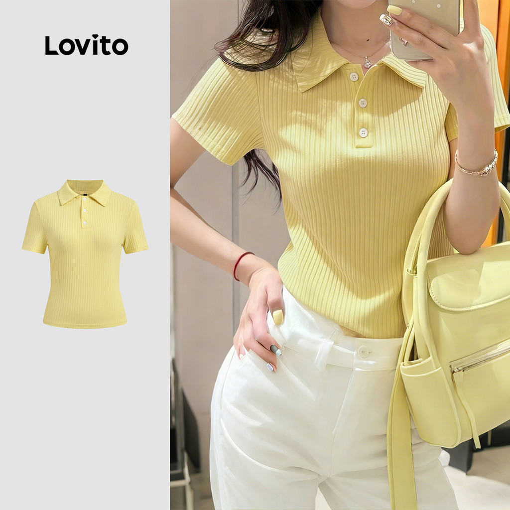 Lovito Blusa Feminina Casual Com Botões Em Jacquard Cor Amarela Clara Para Primavera E Verão LK4ED801
