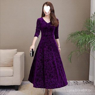 Vestido Longo Evasê Slim-Fit de Veludo Dourado com Manga Comprida, Novo Estilo Primavera/Outono 2026, para Mães, Tamanho