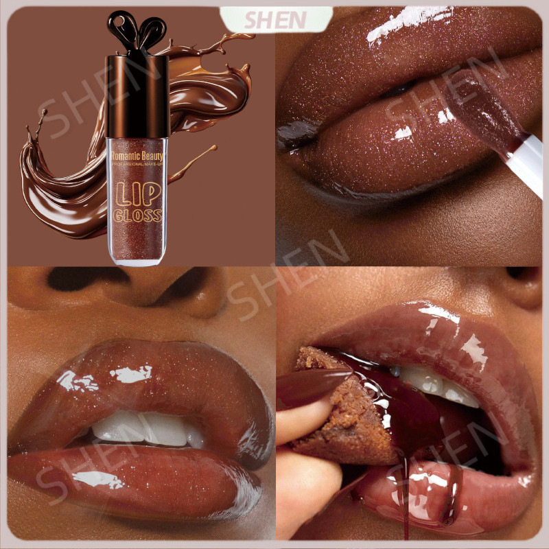 Brilho labial de coelho brilhante, esmalte de Chocolate, efeito de espelho úmido