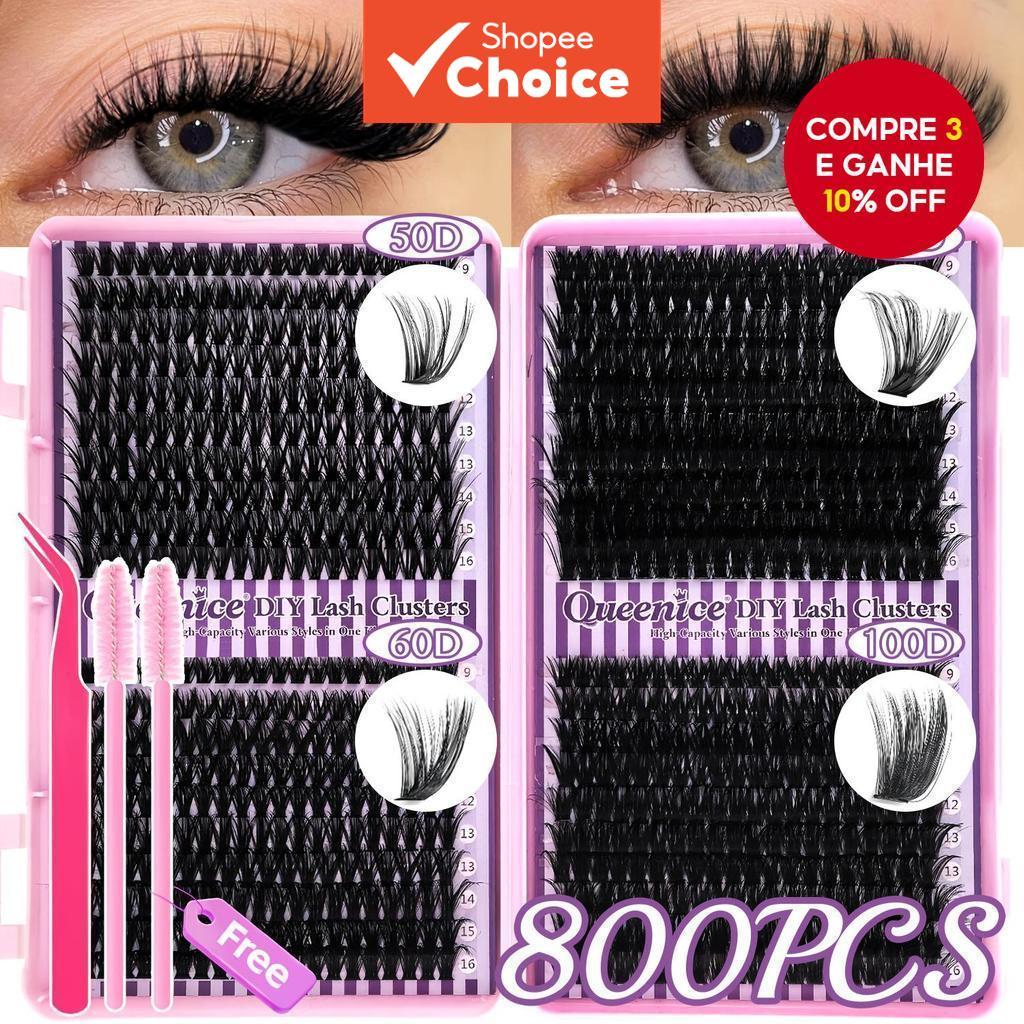  Queenice Extensão de Cílios (640/800pcs) 30D 40D 50D 50D 60D 80D 100D, Cílios em Cluster com Curvatura D, Volume