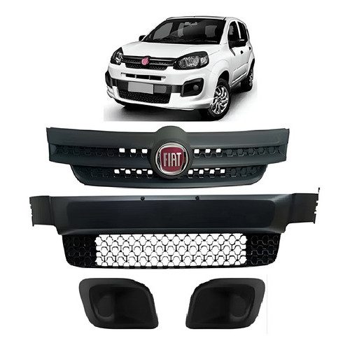 Kit Grade Dianteira Parachoque Uno 2017 2018 2019 20 21 2022 Preto Fosco Moldura Milha Sem Furo Emblema Vermelho