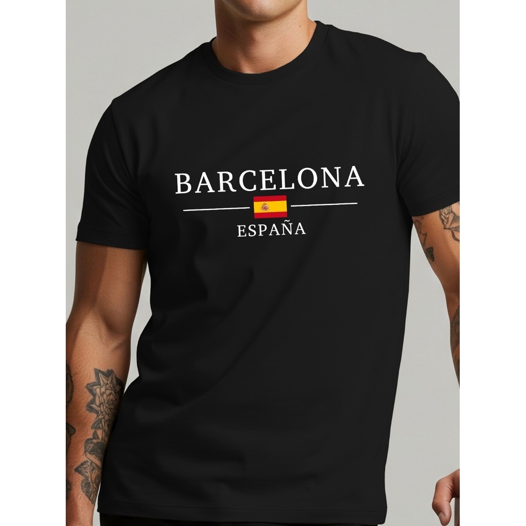 Camiseta Masculina Barcelona Espanha Casual Moderna Estilosa Estampa Pais Camiseta Blusa T-Shirt