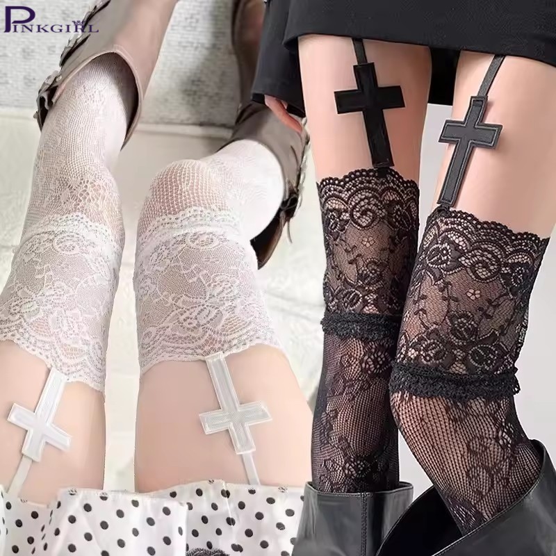 [Chic] 1/2/Pcs Meia-Calça Com Suspensório Cruzado De Renda Oca-Moda JK Cosplay Y2k Leggings Elasticidade-Meias Lolita Ul