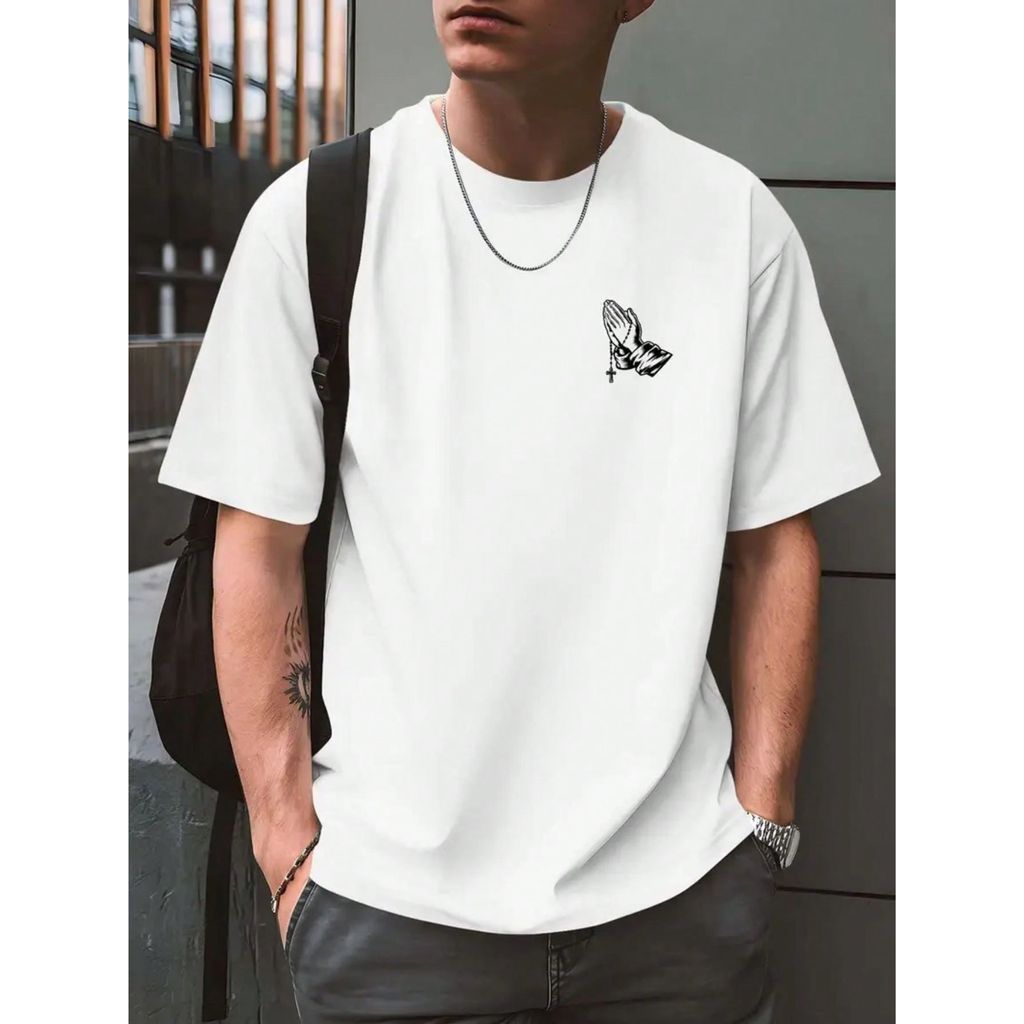 Camiseta Masculina Estampa Fé Mão Estilo Regular Manga Curta Estampada Malha 30.1 Algodão Verão