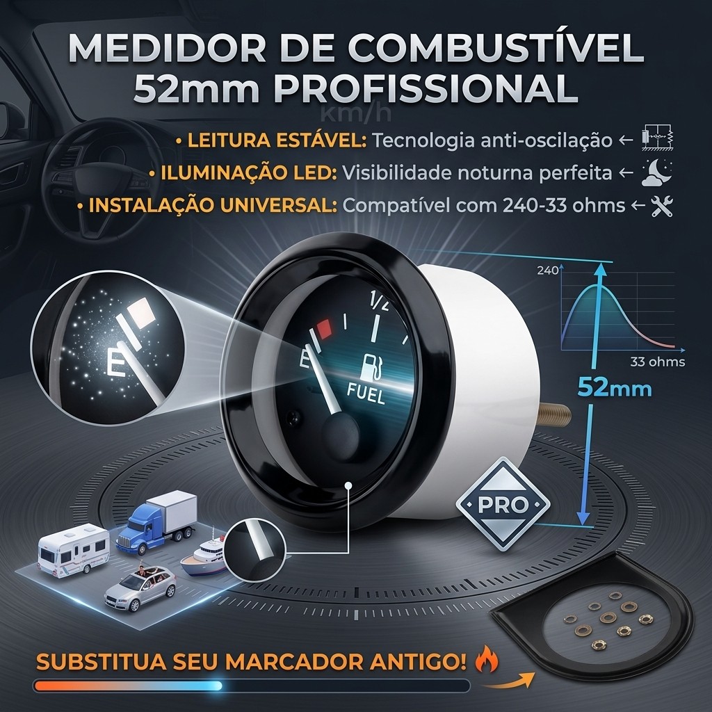 Relógio Marcador De Combustível 52mm 12v Automotivo 240-33 Ohms Medidor De Nível Para Carro Barco E Jipe