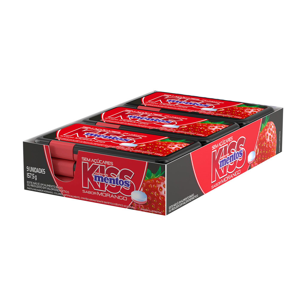 Pastilhas, Sem Açúcar, Com Dispenser, Sabor de Morango, Display, Mentos, Kiss - 284,83 g | 9 Unidades