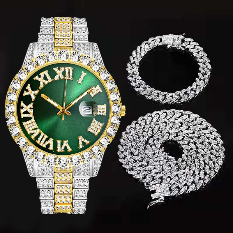 Novo 3 Pcs Iced Out RelóGios Para Corrente Conjunto De RelóGios Masculino De Ouro Elo Da Cadeias Cubano Colar Pulseira