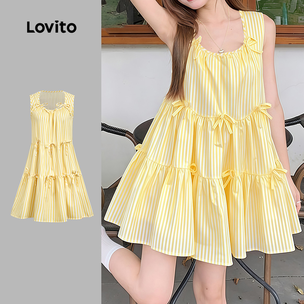 Lovito Vestido Listrado Casual Com Laço Frontal E Acabamento Em Babados Amarelo Claro Primavera/Verão L184ED969