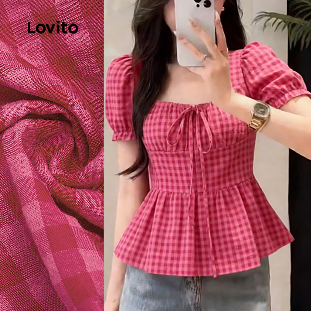 Lovito Blusa Casual com Zíper e Laço Rosa Vermelha para Mulheres primavera/verão LK5ED512
