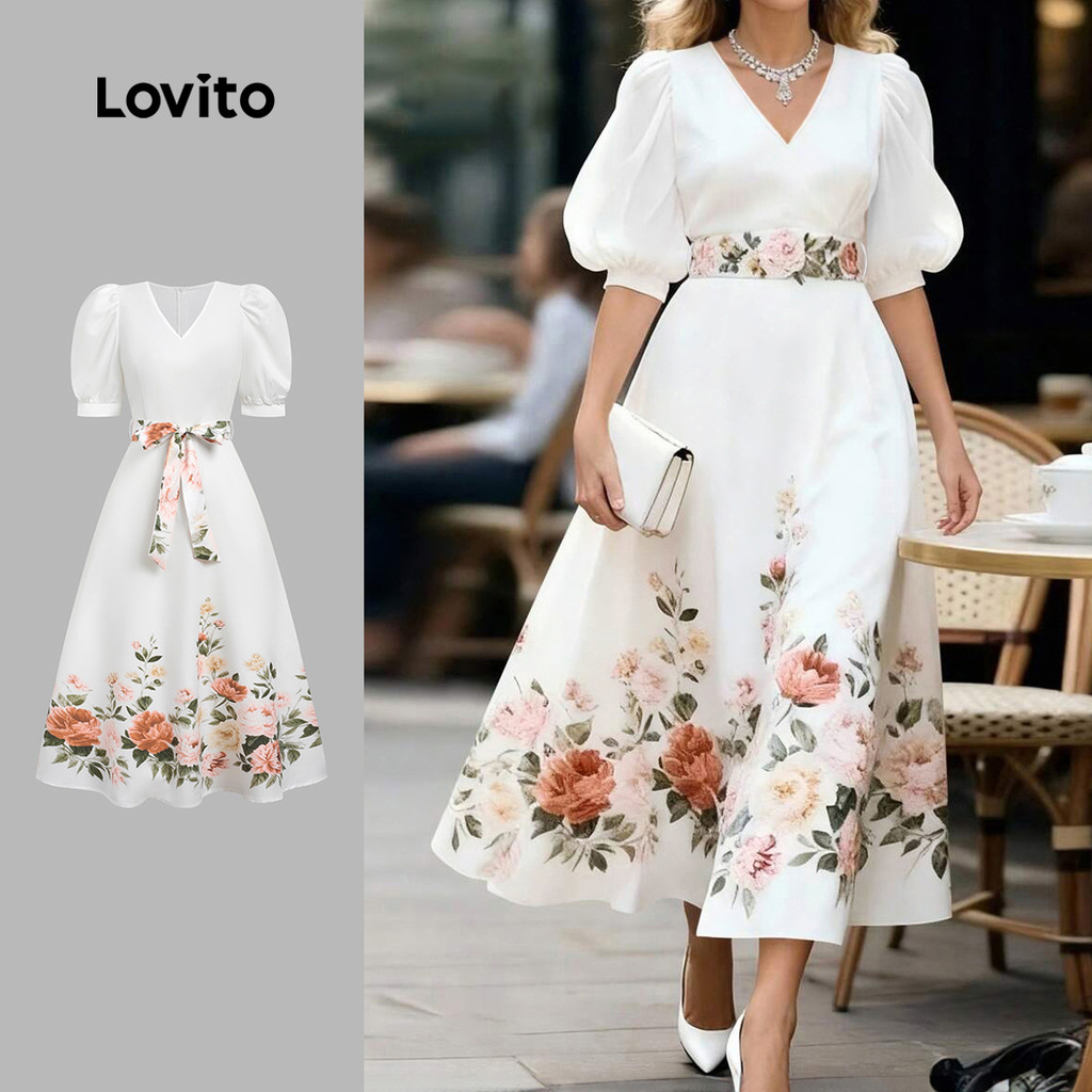 Lovito Floral Vestido Casual com Zíper Primavera/verão para Mulheres LBL34079