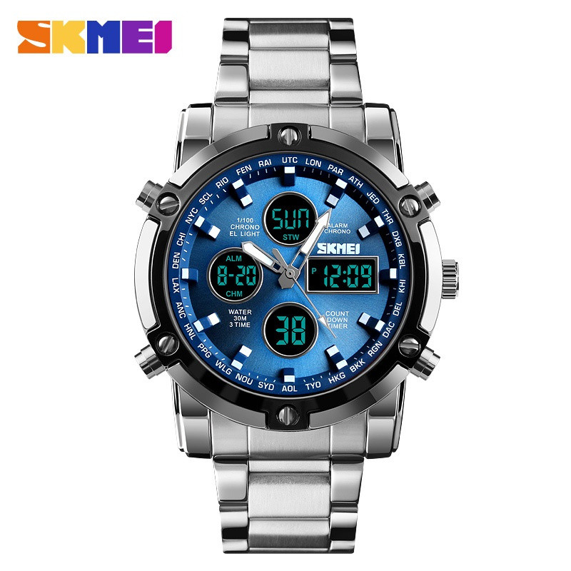 SKMEI 1389 Moda masculina multifuncional Just Band Watch Relógio digital com display duplo Relógio digital com três olho