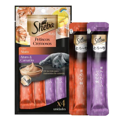 Petisco Sheba Cremoso Sabores Atum e Atum & Camarão Gatos Adultos 4 Uni