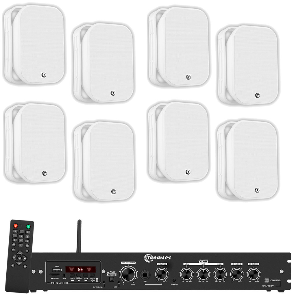 COMP Kit Som Ambiente Amplificador + 8 Caixas TAQ62 Parede Sol Chuva Cor Branca - TARAMPS