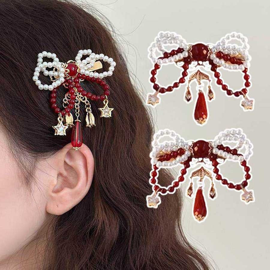 Um par conjunto de grampo de cabelo com laço de pérola vermelha estilo antigo acessórios de cabelo fofos de ano novo
