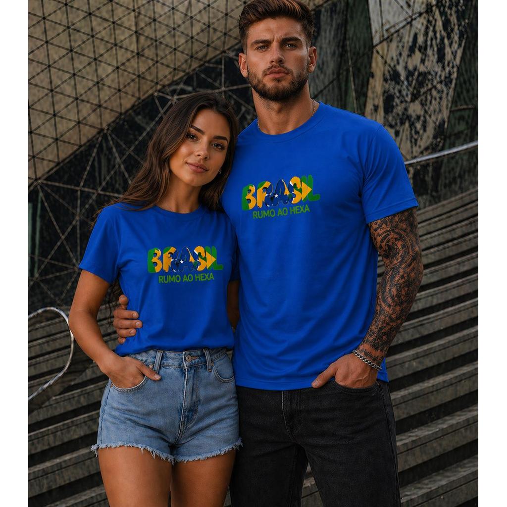 Kit 2 Camisetas Camisa Casal Brasil Colorido Rumo ao Hexa Unissex Masculina Feminina Seleção Brasileira Copa do Mundo
