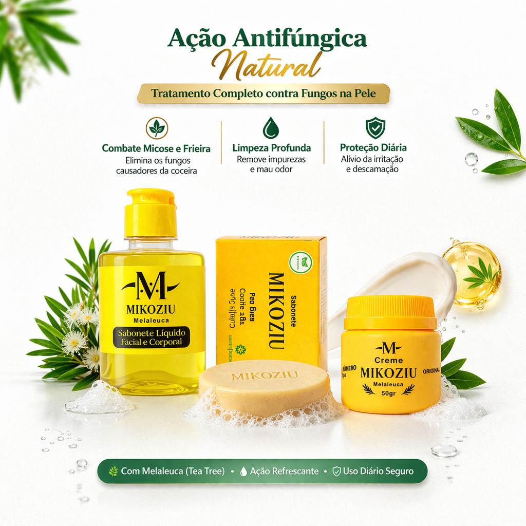 Kit Mikoziu melaleuca para fungos clareamento micose pele e unha frieira pano branco virilha e axila