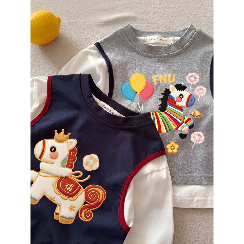 Estilo ocidental meninos meninas dos desenhos animados pônei puro algodão manga comprida camiseta crianças primavera out