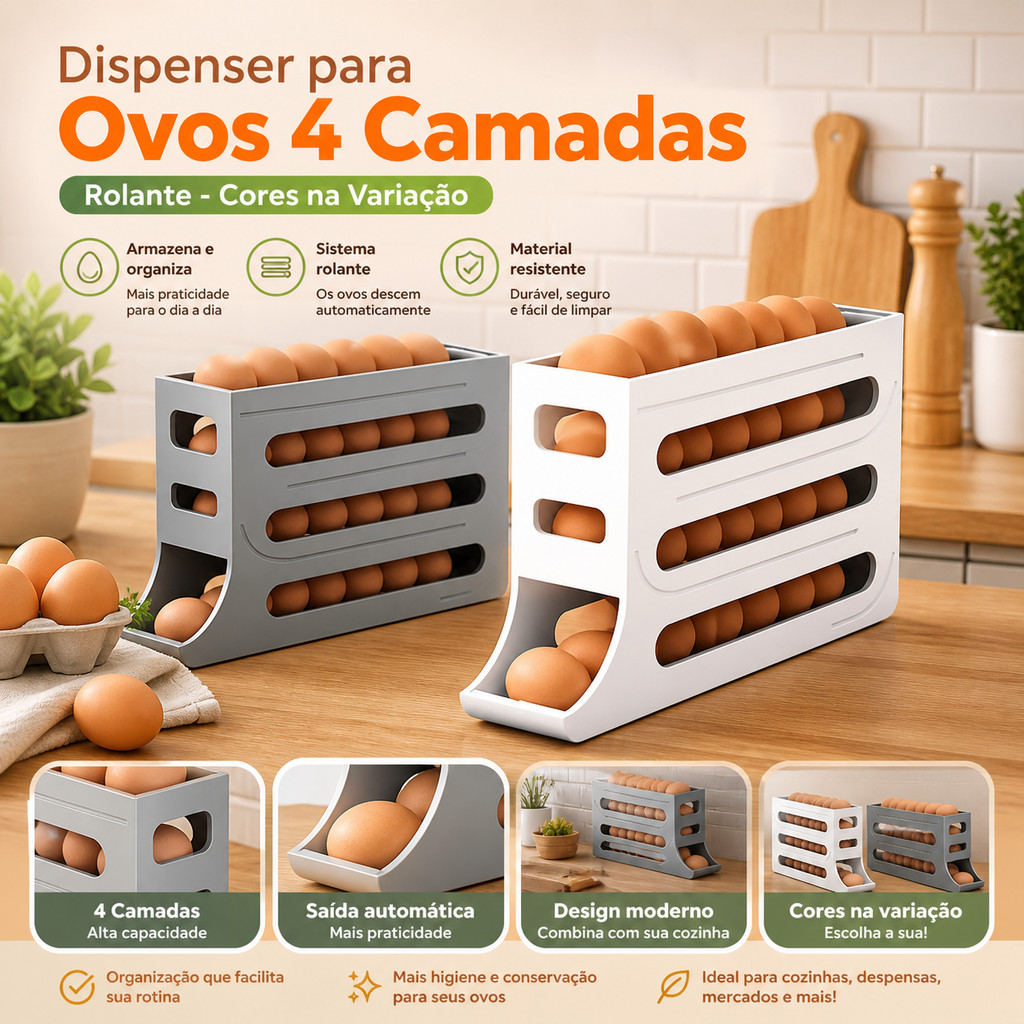Dispenser para Ovos 4 Camadas Rolante Cinza/Branco Geladeira Organização Dia a Dia Utilidades