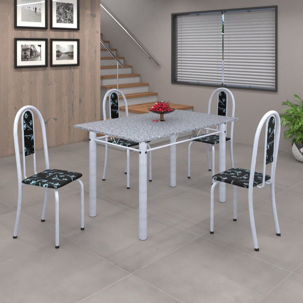 Conjunto de Mesa 120x75cm Tampo em Granito com 4 Cadeiras Iris a Branco/Preto Floral/Martelado Pérola Preto