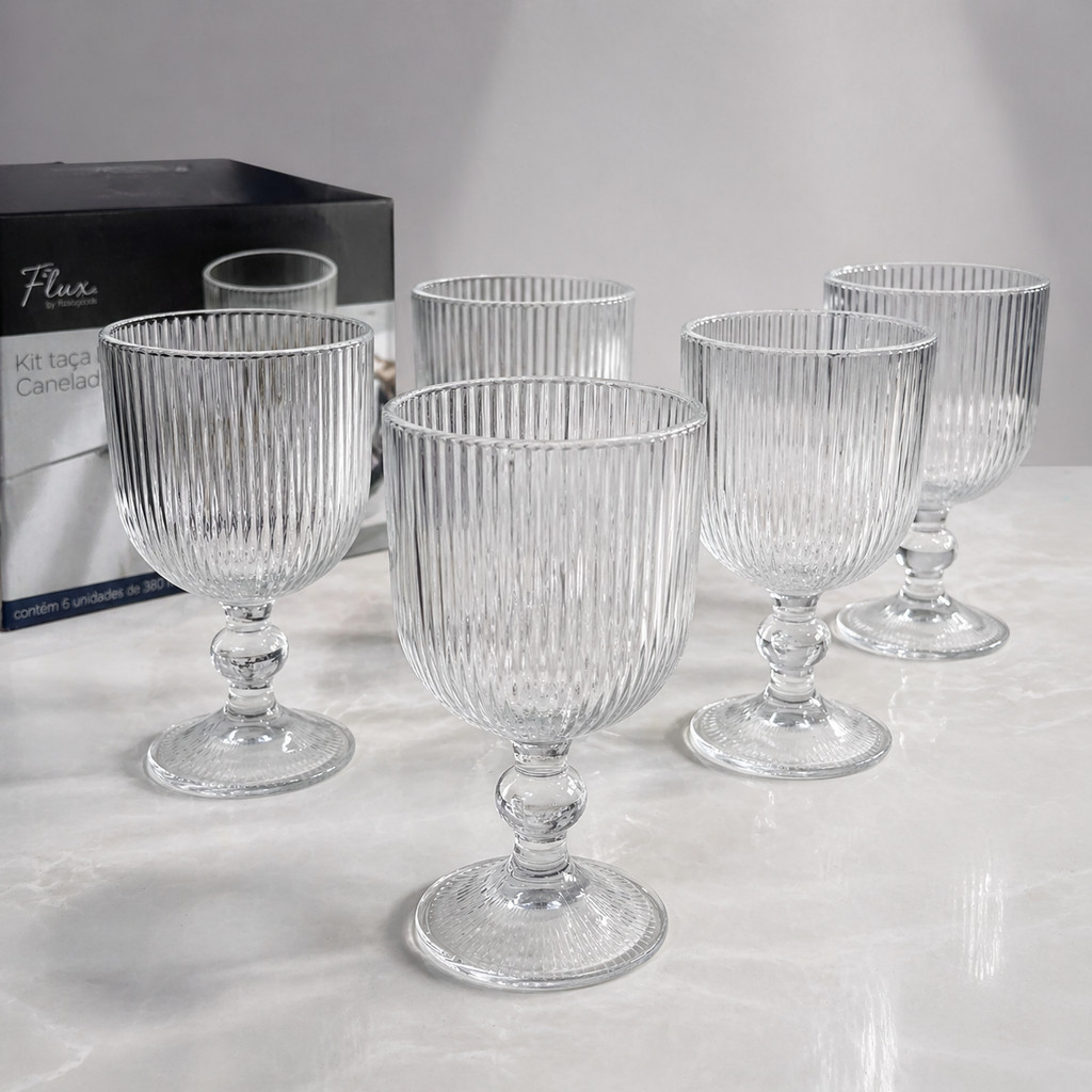 Conjunto 6 Taças Canelada De Vidro Transparente Detalhe 380 ml Luxo  Atemporal