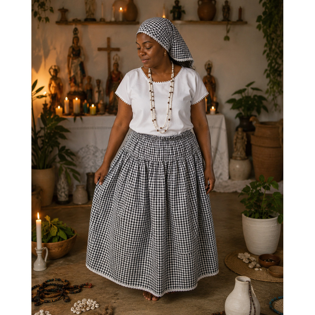 CONJUNTO PRETA VELHA 3 PEÇAS (CAMISÚ + SAIA + LENÇO)