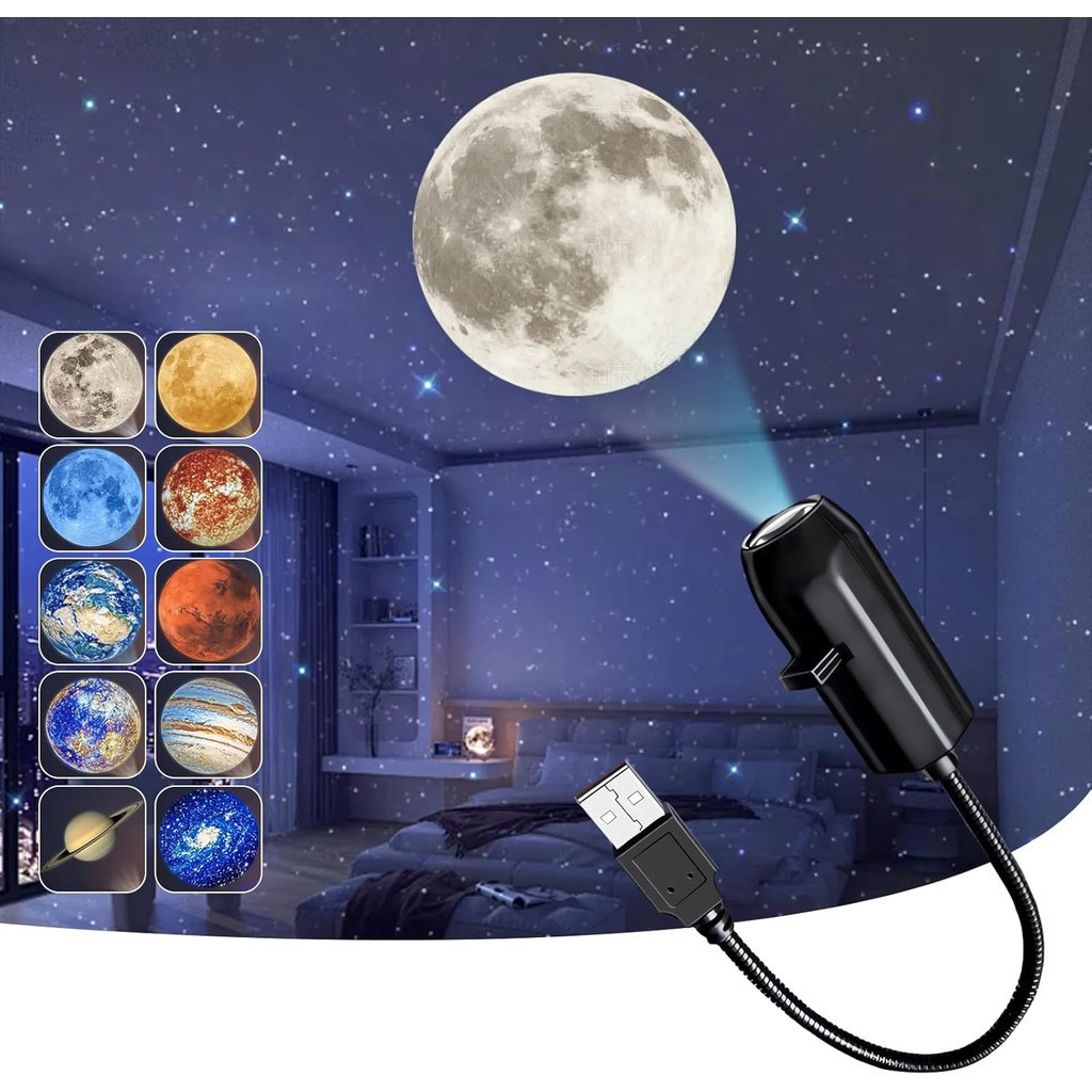 Lâmpada Projetora de Planetas LED USB 360 °   Projetor de Luz Noturna Rotativa Lua Galáxia para Decoração de Quarto, Fun