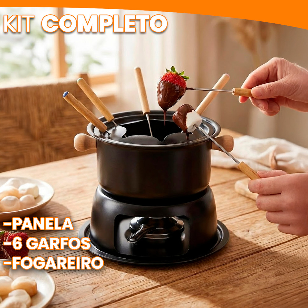 Jogo de Fondue Completo Kit Panela Preta 6 Garfos e Fogareiro Aço Carbono e Aço Inox Filial