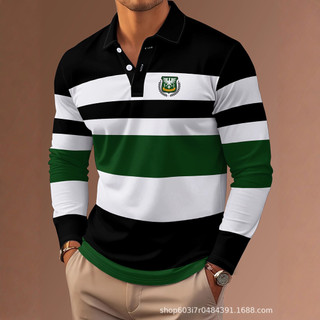 Novo estilo 3D impressão Digital listras casuais cor combinando lapela masculina manga comprida POLO