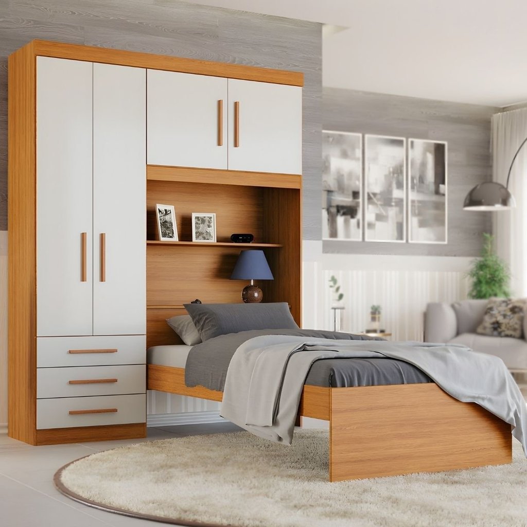 Guarda-Roupa Solteiro com Cama Solteiro 4 Portas 3 Gavetas Advantage Marrom/Freijó Wood/Off-White Freijó/Off White