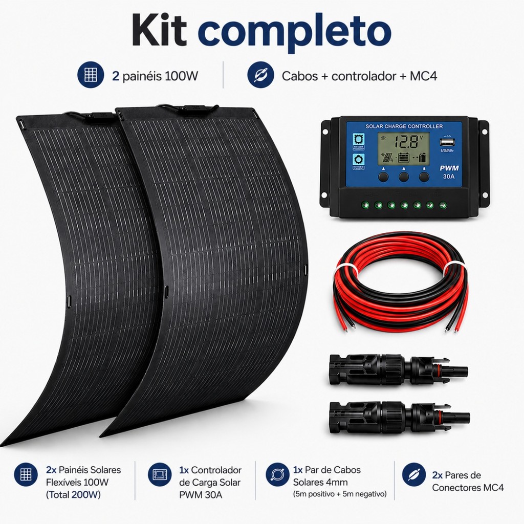 Kit Painel Energia Solar 200w Flexível Motorhome Caminhão