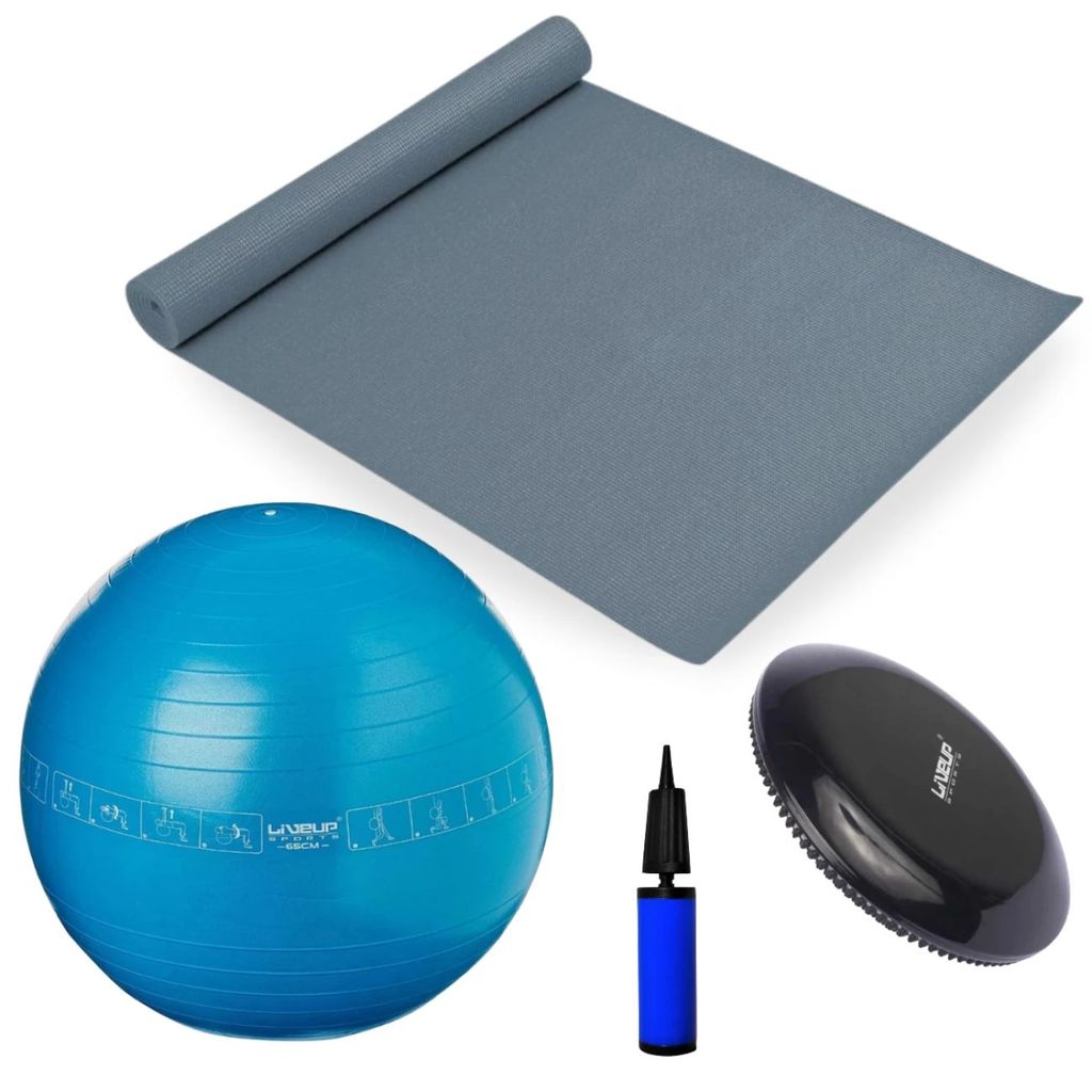 1 Bola Suiça 65cm + 1 Colchonete Eva Cinza + 1 Disco de Equilíbrio + 1 Mini Bomba Exercícios