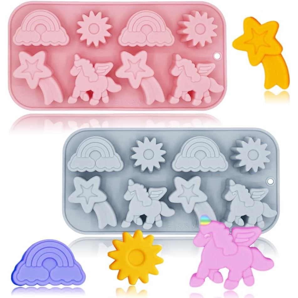 Conjunto de 2 Formas de Silicone para Unicórnio, 8 Cavidades, Tema Unicórnio Voador 3D, com Desenhos de Arco-Íris, Meteo
