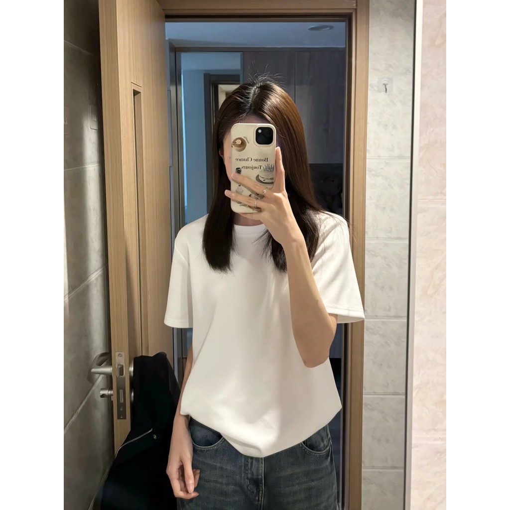 Camiseta branca de algodão feminina manga curta verão novo estilo básico solto camiseta All-Match algodão metade @