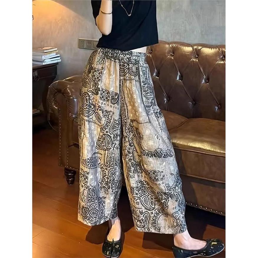 Retro impresso protetor solar calças de perna larga feminino verão fino solto mais magro olhar tamanho grande Casual tor