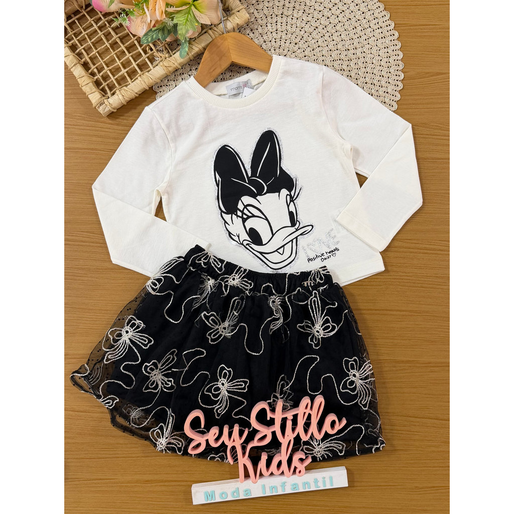 Conjunto Infantil Momi Inverno com Saia em Tule Preto e Blusa Manga Longa Daisy Love
