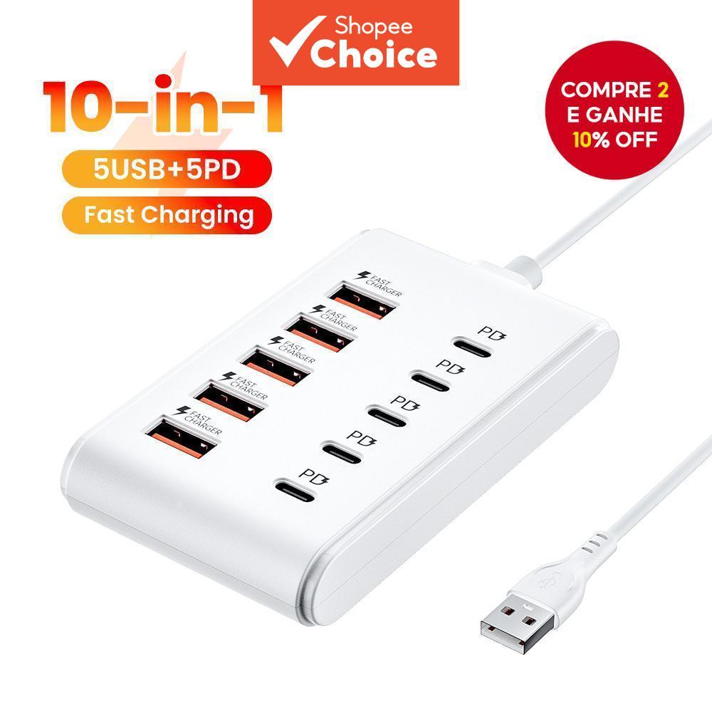 10 Portas Carregador USB 5USB+5PD Tomada de Energia Multi Portas Tipo C Carregador de Parede Com Cabo de 1M Para