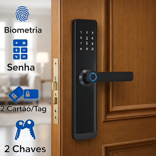 Fechadura Eletrônica Digital 3 em 1 Com Biometria Cartão Senha de Embutir Black Piano Segurança Premium Todos Ambientes