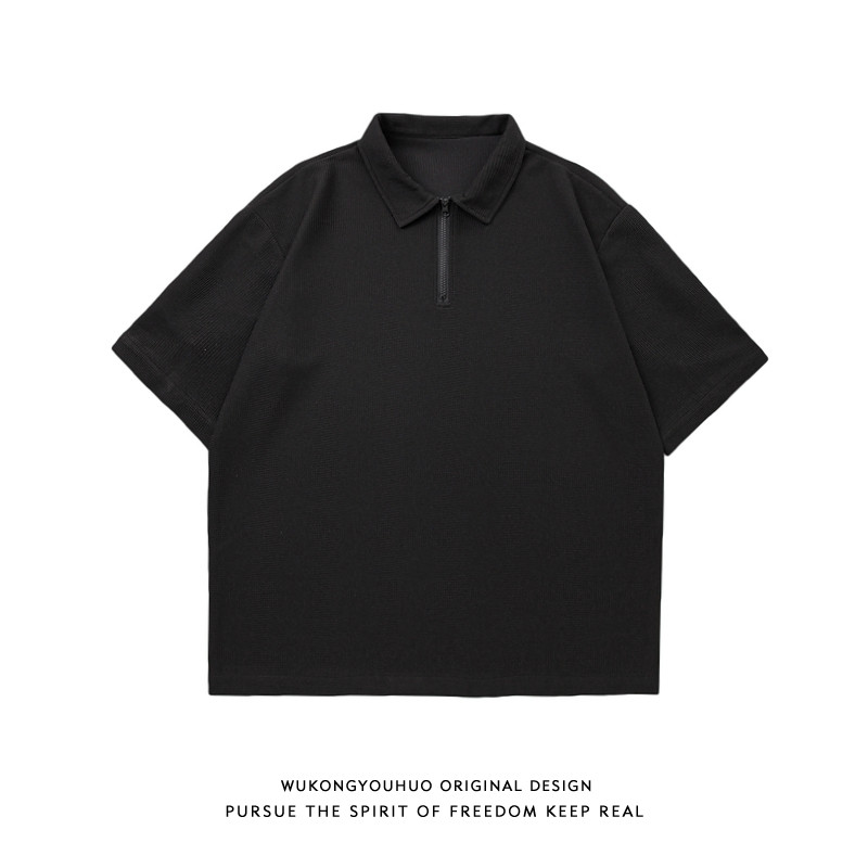 Goku pronto estoque verão Retro cor sólida Waffle camisa POLO de manga curta das mulheres dos homens Street Wear solto A